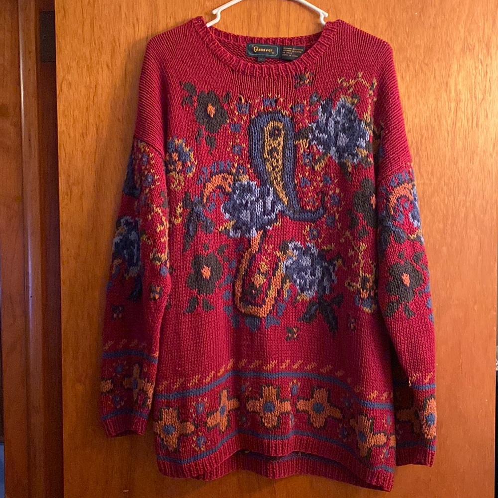 Vintage Glenover Colorful Floral Print Red Sweater